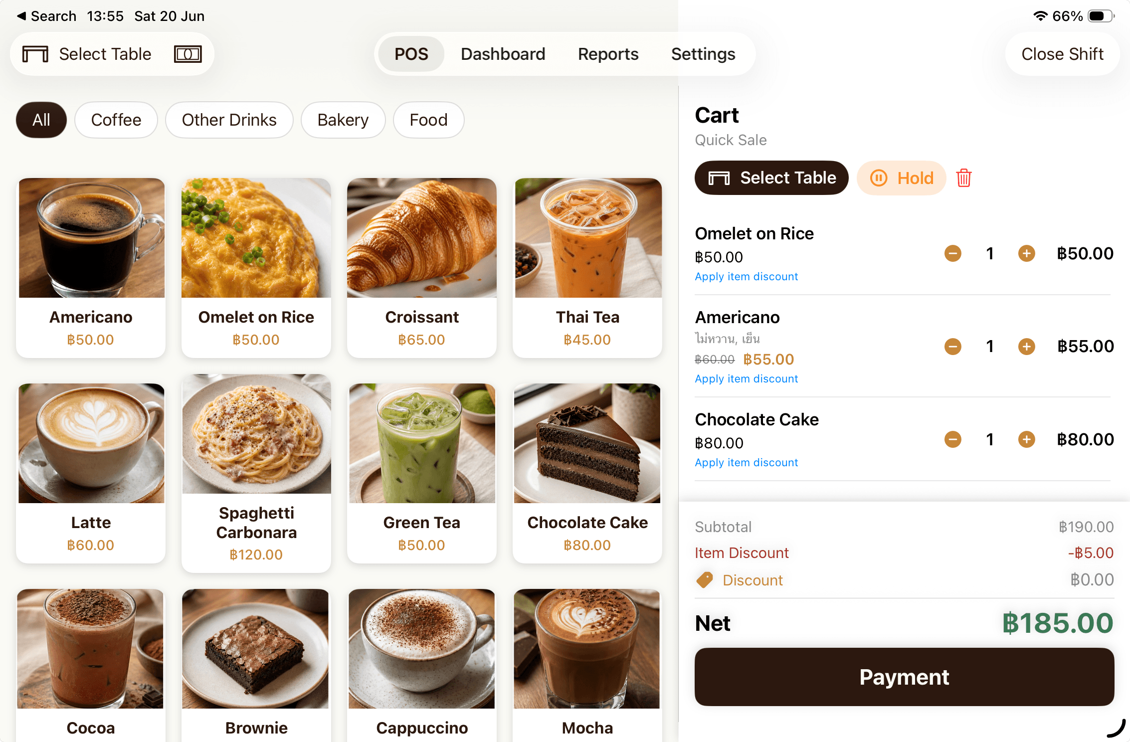 CafePOS order-taking screen on iPad showing menu items, cart, and checkout controls